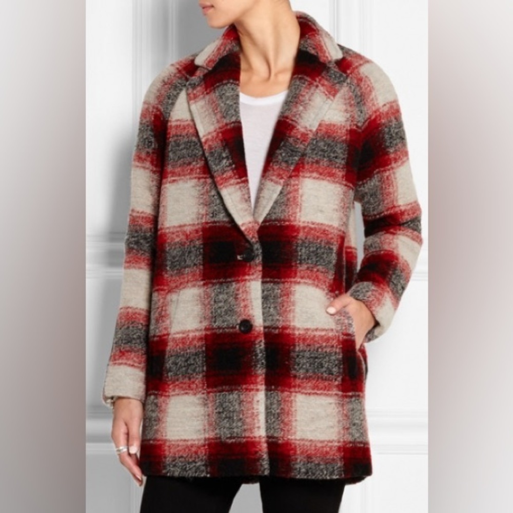 Madewell Wool Plaid Red and Black Winter Pea Coat